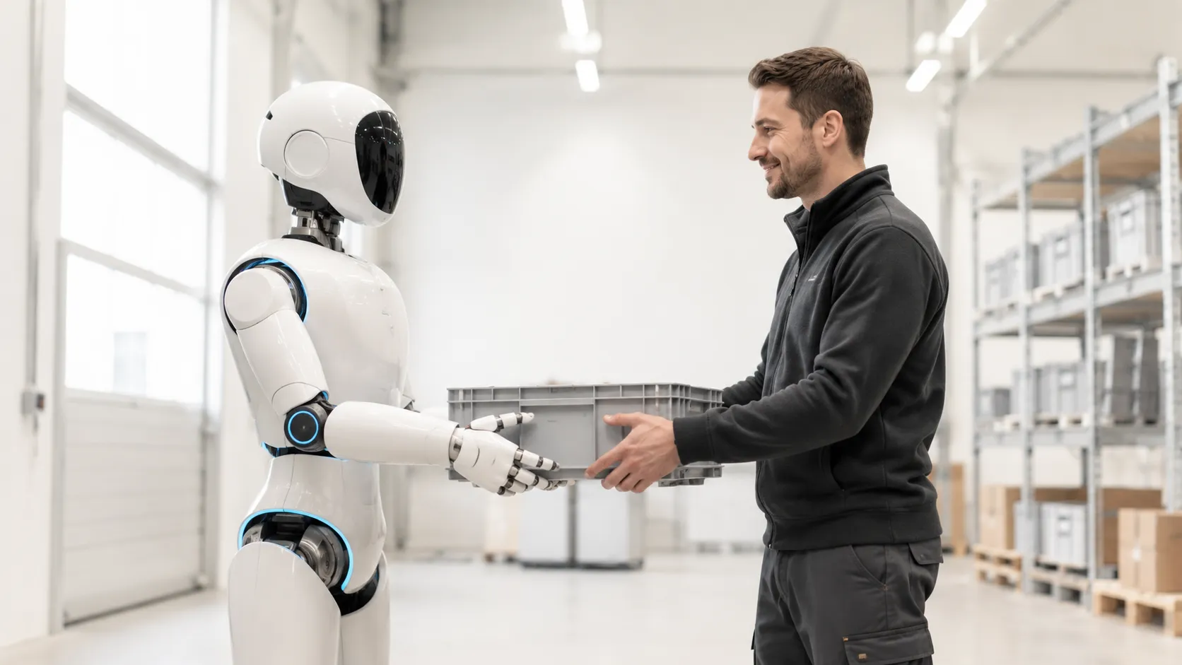Mens en robot werken samen op een werkvloer