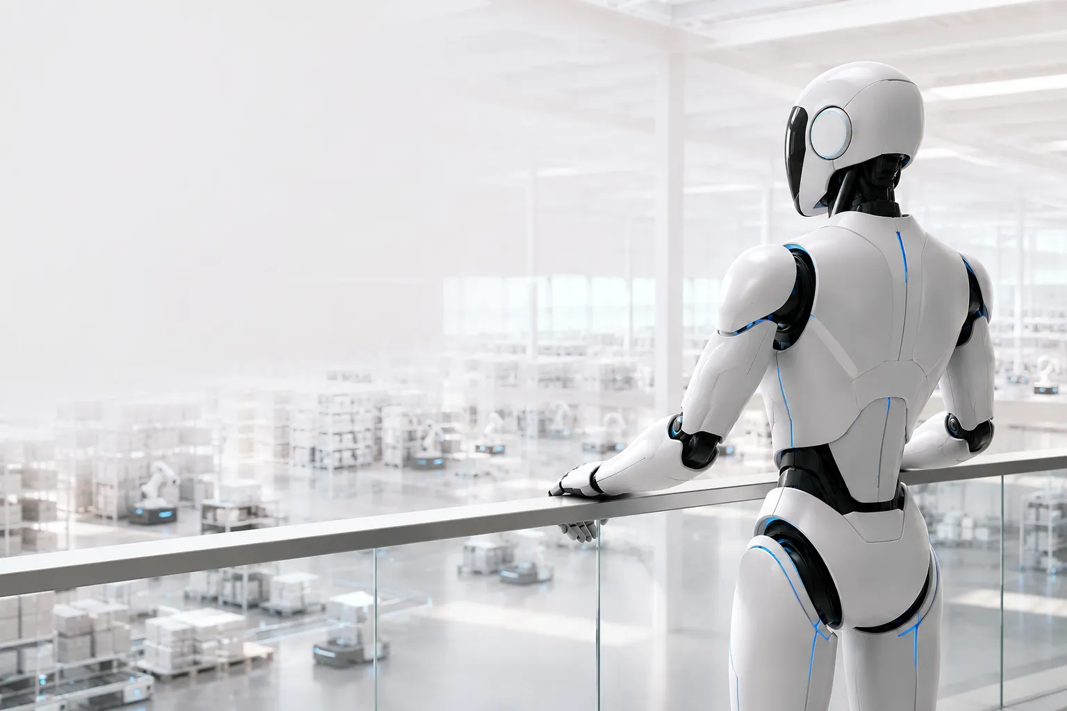 Humanoid robot kijkt vanaf een mezzanine uit over een werkvloer